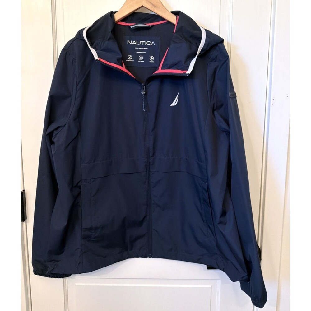 Nautica Women's Windbreaker XL Navy Blue Water Resistant Hood Adjustable Waist